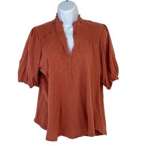KNOX Rose Womens Henley Blouse Orange Short Sleeve V-Neck Button Up Size L